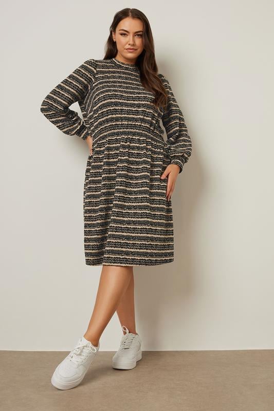 YOURS Curve Black Striped Ribbed High Neck Midi Dress
