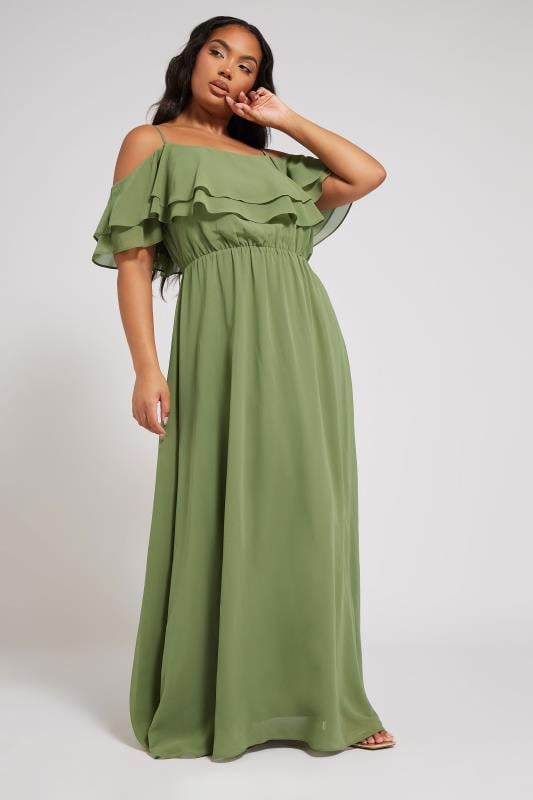 YOURS LONDON Curve Olive Green Frill Cold Shoulder Maxi Dress