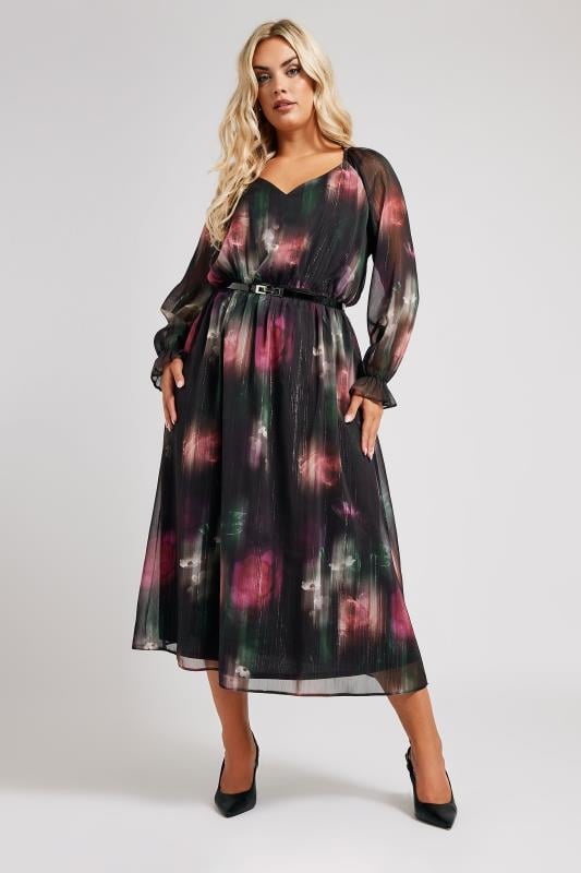 YOURS LONDON Curve Black Floral Print Metallic Midaxi Dress With Belt