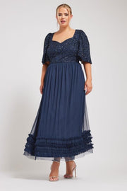LUXE Curve Navy Blue Sequin Sweetheart Ruffle Maxi Dress
