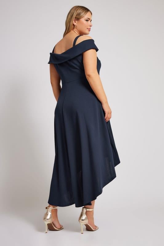 YOURS LONDON Curve Navy Blue Bardot Dipped Hem Dress