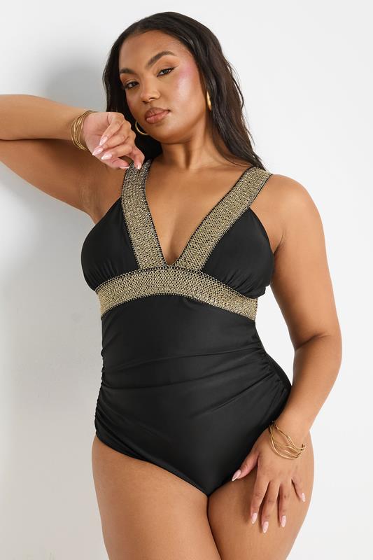 YOURS Curve Black Metallic Tummy Control Swimsuit