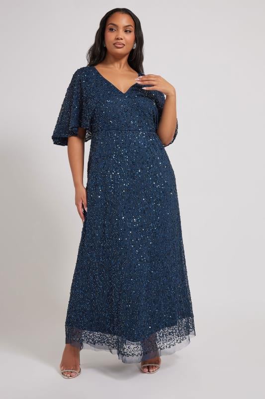 LUXE Curve Navy Blue Hand Embellished V-Neck Maxi Dress