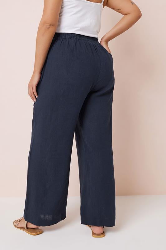 YOURS Curve Navy Blue Linen Wide Leg Trousers