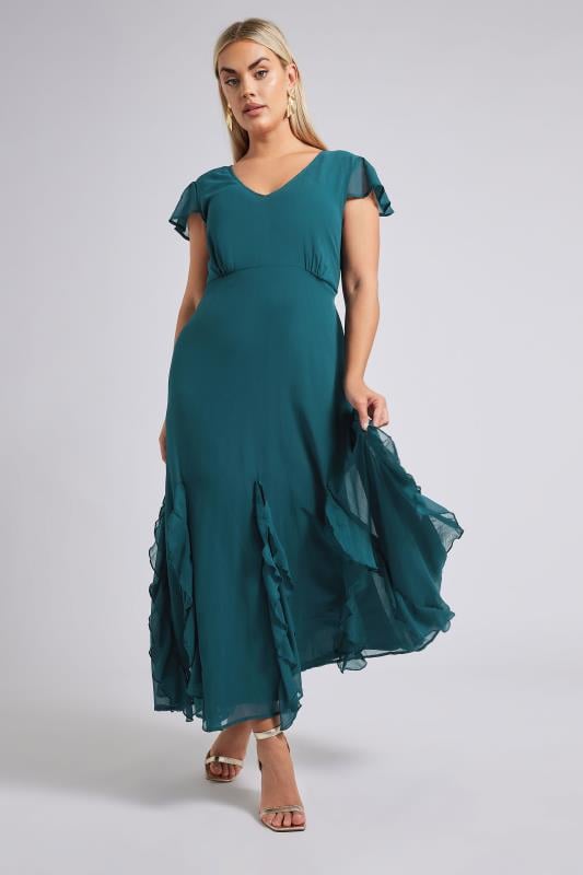 YOURS LONDON Curve Teal Blue Ruffle Godet Hem Maxi Dress
