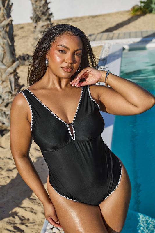 YOURS Curve Black Contrast Blanket Stitch Plunge Swimsuit
