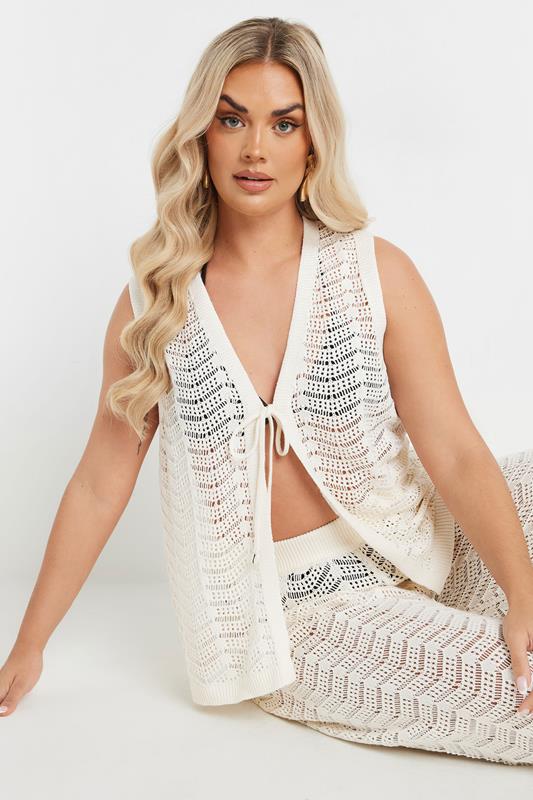 YOURS Curve Ivory White Crochet Knit Waistcoat