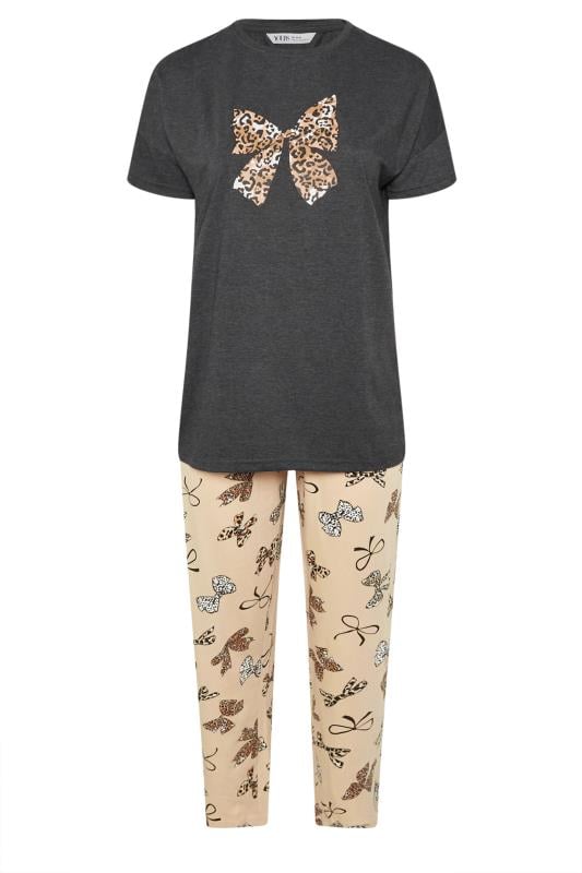 YOURS Curve Grey Leopard Bow Print Wide Leg Pyjama Set