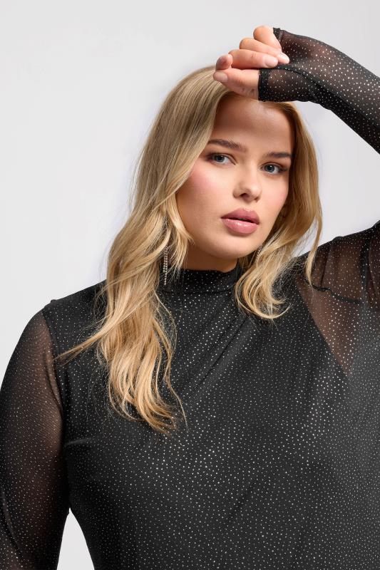 YOURS LONDON Curve Black Glitter Long Sleeve Mesh Top