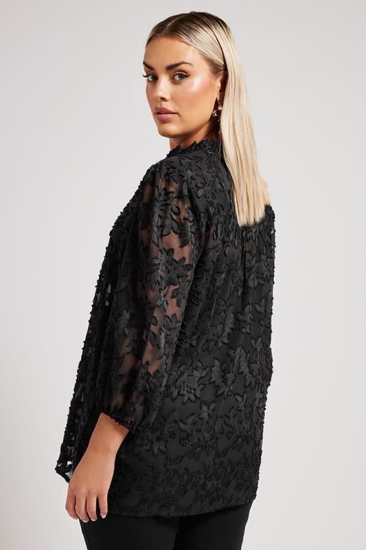 YOURS LONDON Curve Black Floral Burnout Tie Neck Blouse