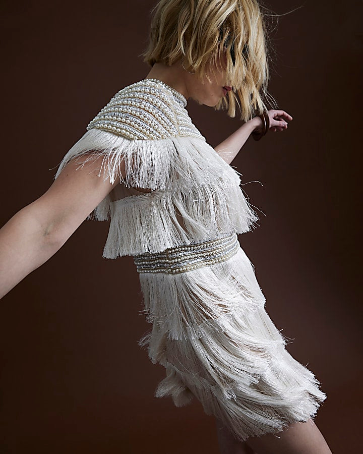 Beige Pearl Embellished Fringe Mini Dress