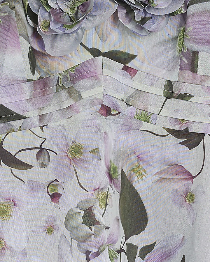 Purple 3D V-Neck Floral Midi Dress