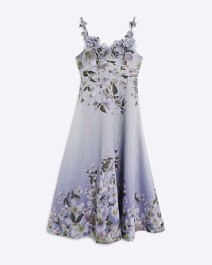 Purple 3D V-Neck Floral Midi Dress