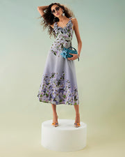 Purple 3D V-Neck Floral Midi Dress