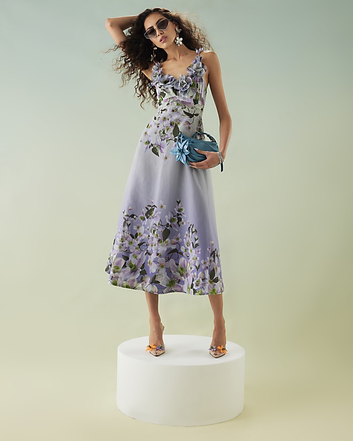 Purple 3D V-Neck Floral Midi Dress