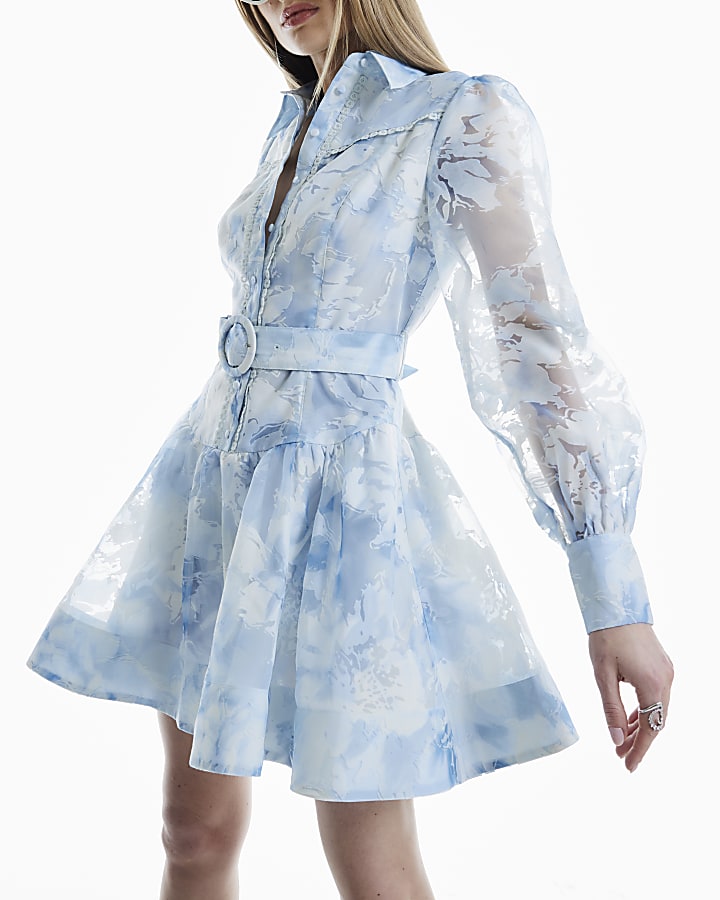 Blue Premium Long Sleeve Belted Shirt Dress