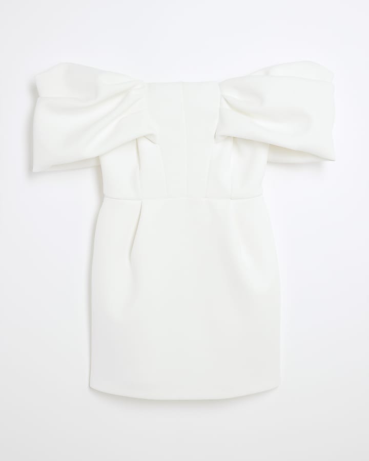 White Bardot Bow Mini Dress