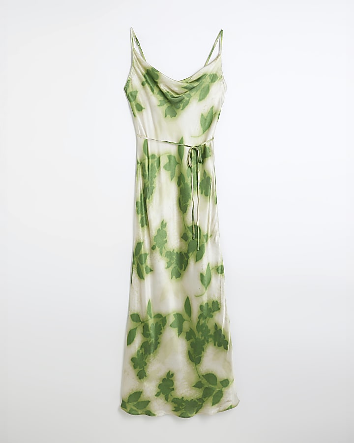 Green Floral Cowl Neck Midi Slip Dress