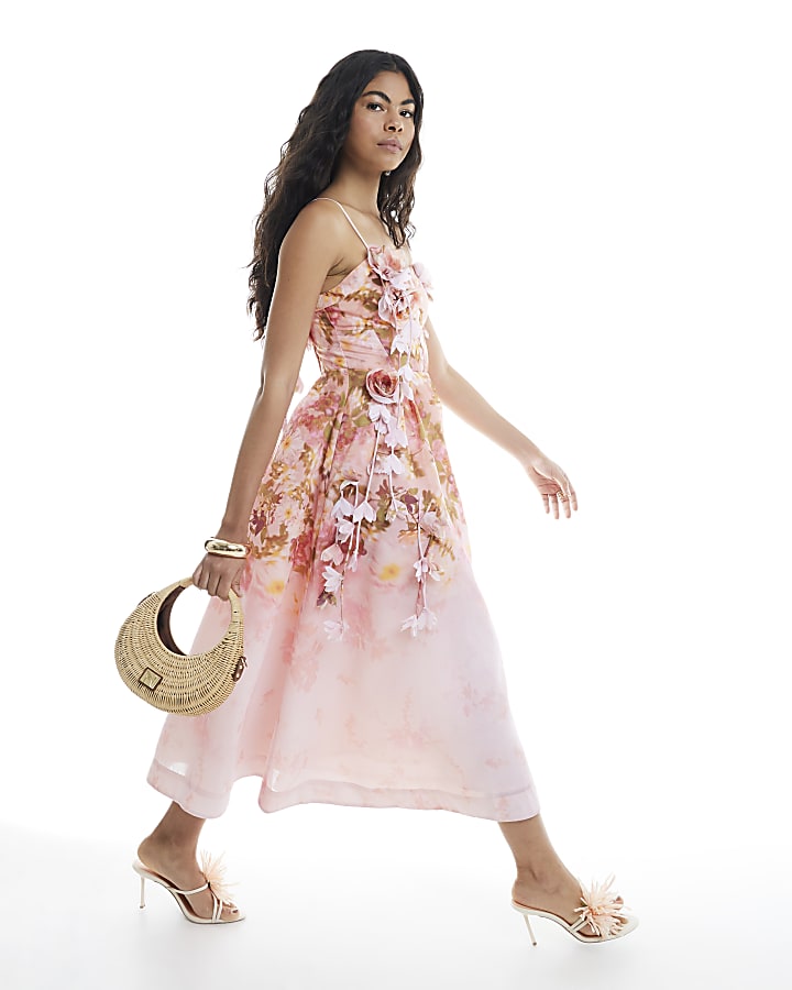Pink 3D Floral Midi Cami Dress