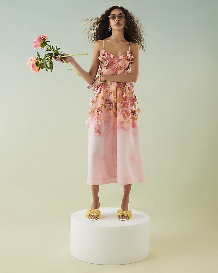 Pink 3D Floral Midi Cami Dress