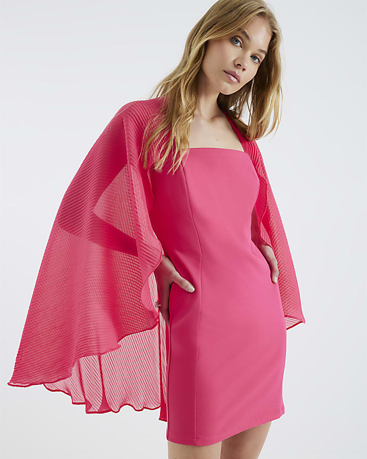 Pink Pleated Cape Mini Dress