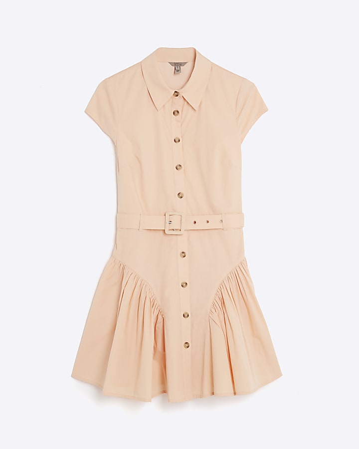 Coral Collared Belted Mini Shirt Shift Dress