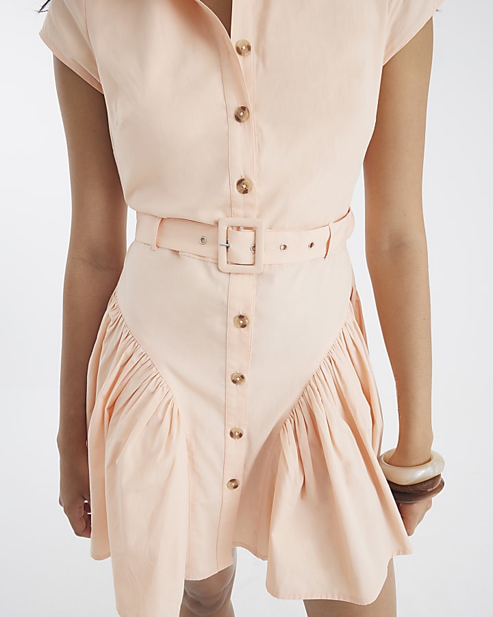 Coral Collared Belted Mini Shirt Shift Dress