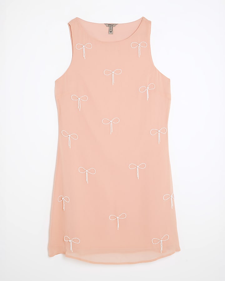 Pink Sleeveless Bow Embellished Mini Dress