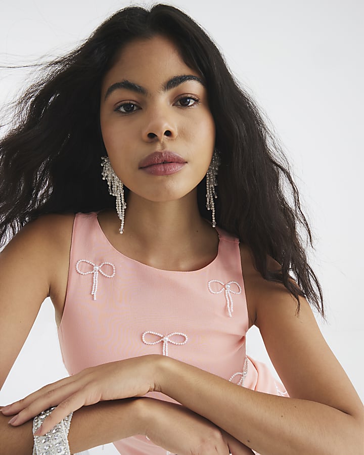 Pink Sleeveless Bow Embellished Mini Dress