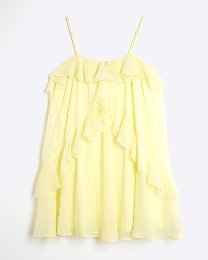 Yellow Chiffon Ruffle Mini Shift Cami Dress