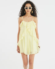 Yellow Chiffon Ruffle Mini Shift Cami Dress