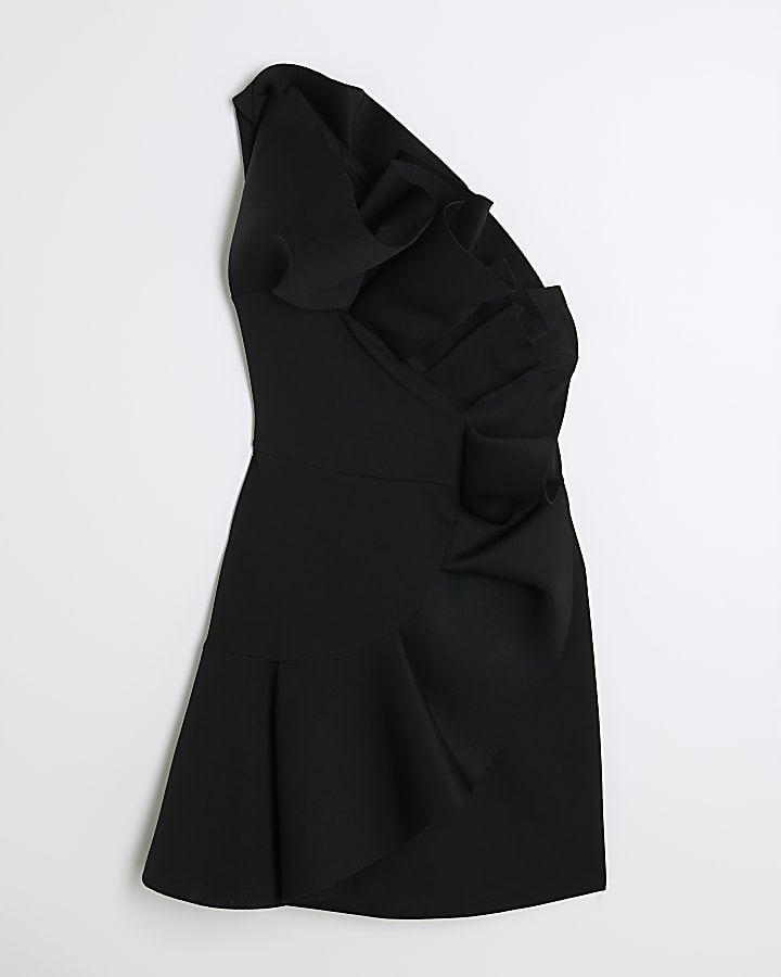 Black Sleeveless Scuba Ruffle Mini Dress