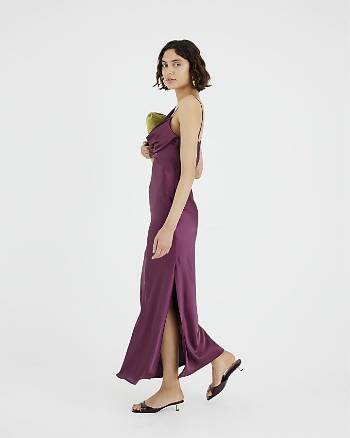 Purple Satin Cowl Neck Maxi Slip Dress