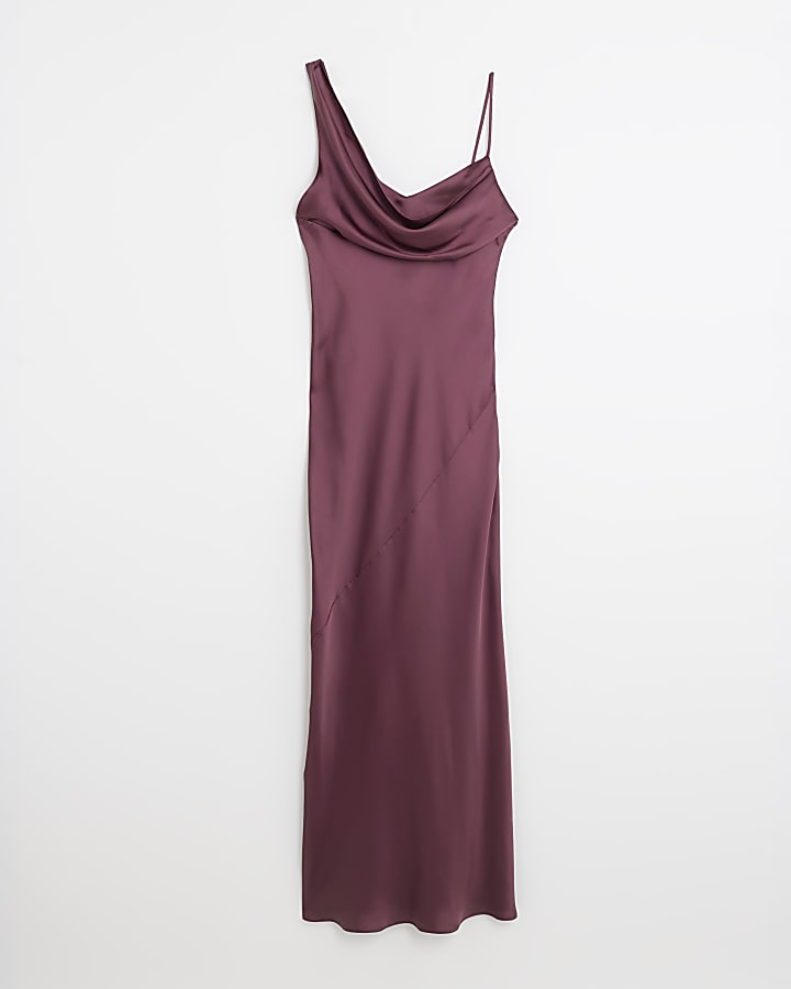 Purple Satin Cowl Neck Maxi Slip Dress