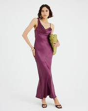 Purple Satin Cowl Neck Maxi Slip Dress