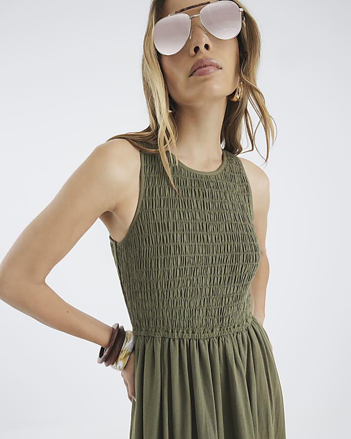 Khaki Shirred Bubble Hem Midi Dress