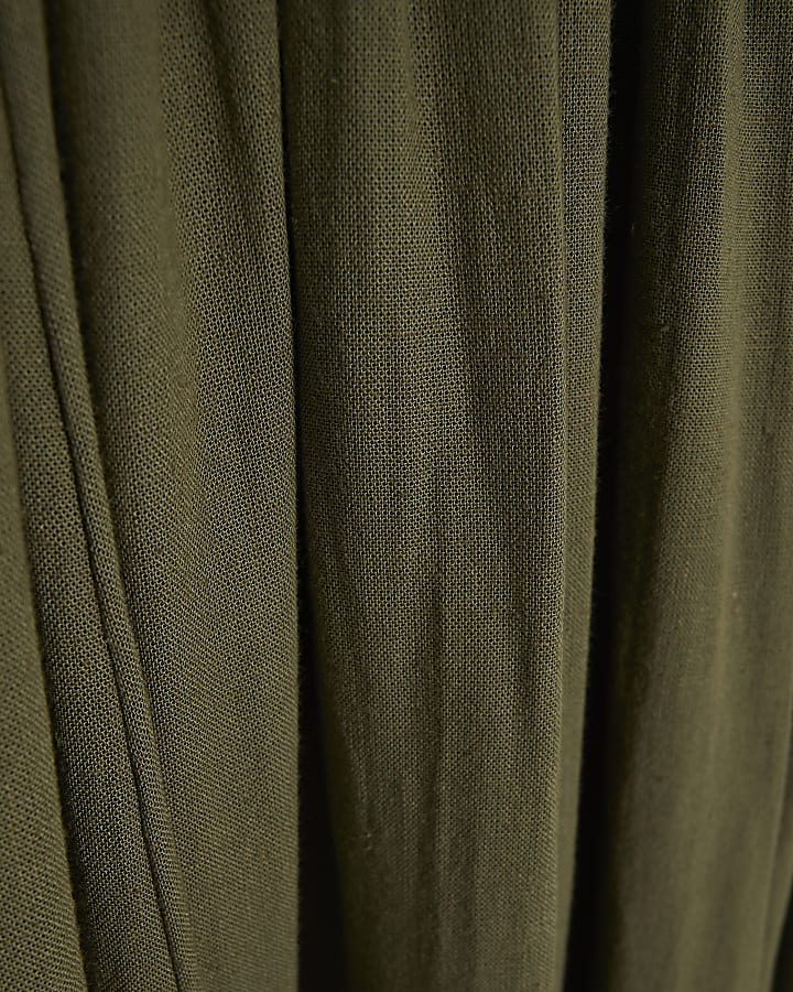 Khaki Shirred Bubble Hem Midi Dress