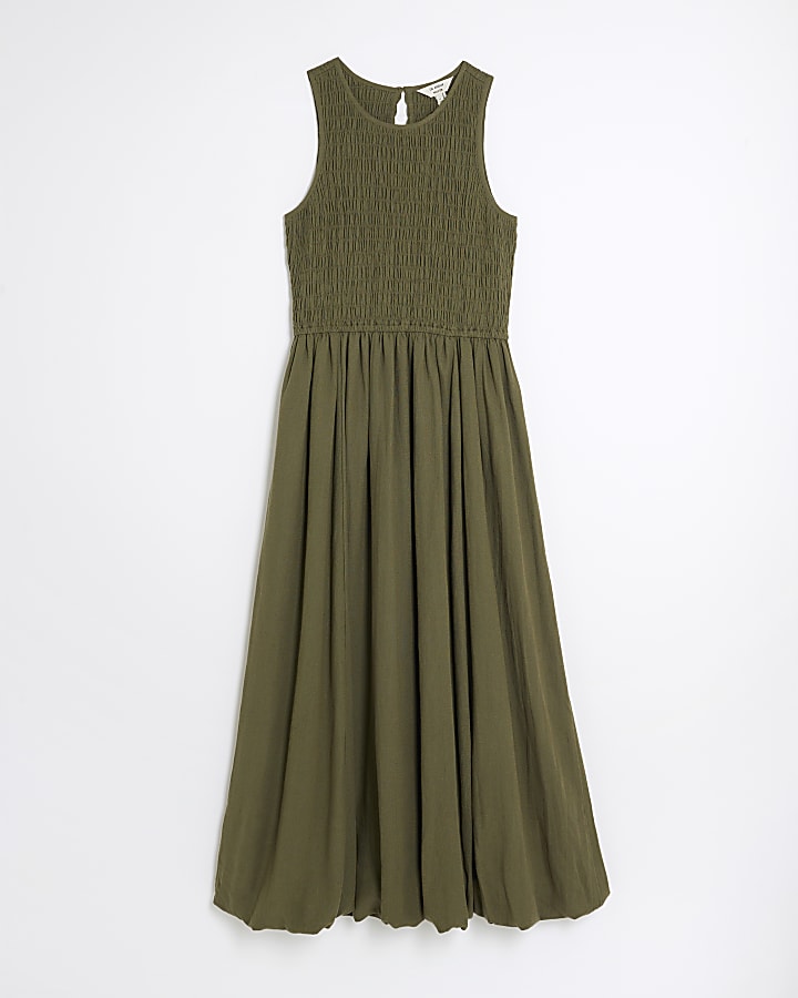 Khaki Shirred Bubble Hem Midi Dress