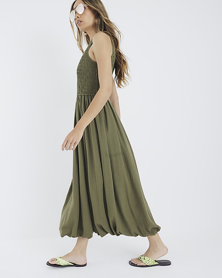 Khaki Shirred Bubble Hem Midi Dress