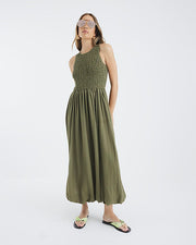 Khaki Shirred Bubble Hem Midi Dress