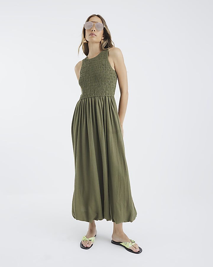 Khaki Shirred Bubble Hem Midi Dress