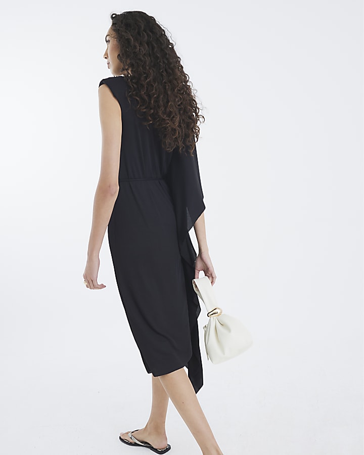 Black Cape Sleeve Ribbed Belted Midi Dress