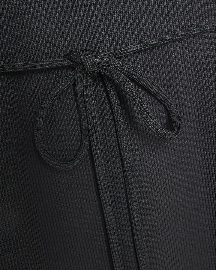 Black Cape Sleeve Ribbed Belted Midi Dress