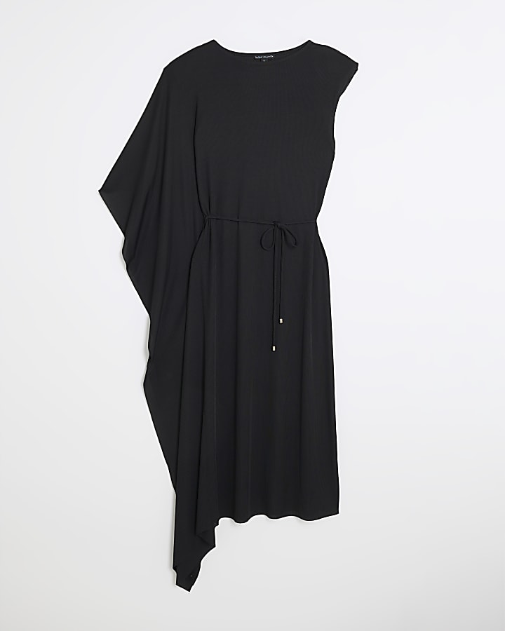 Black Cape Sleeve Ribbed Belted Midi Dress