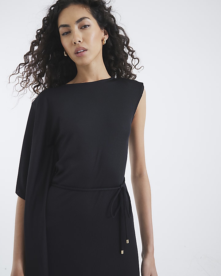 Black Cape Sleeve Ribbed Belted Midi Dress