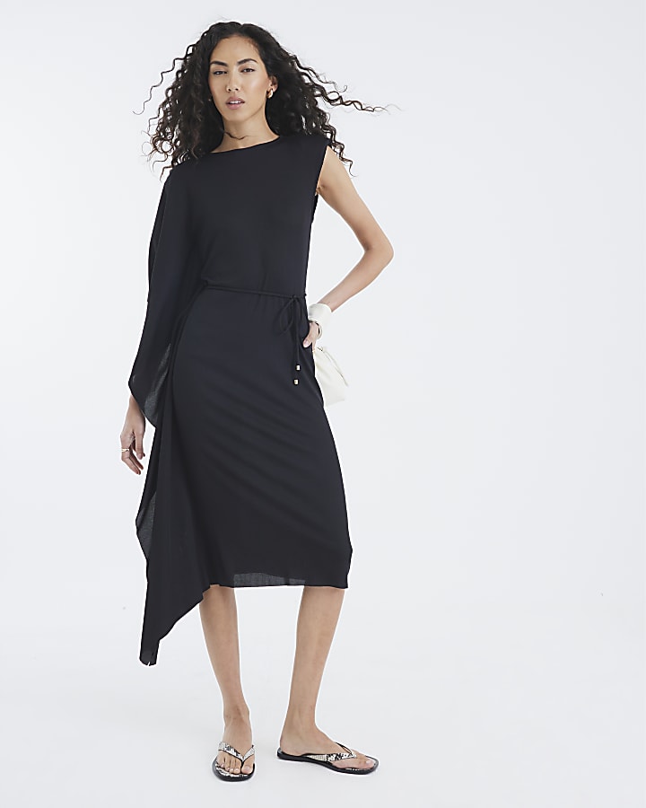 Black Cape Sleeve Ribbed Belted Midi Dress