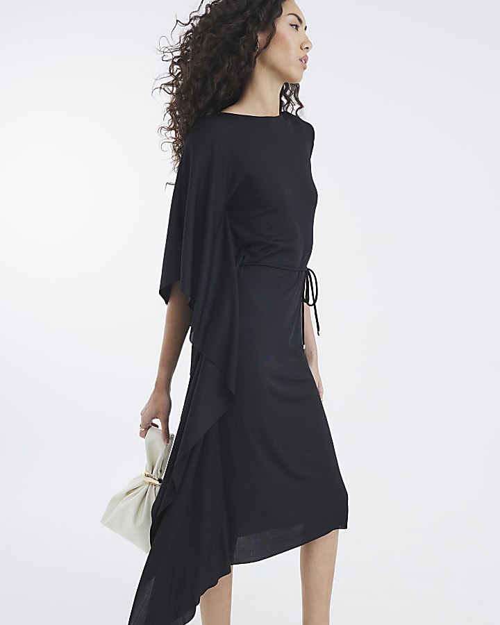 Black Cape Sleeve Ribbed Belted Midi Dress
