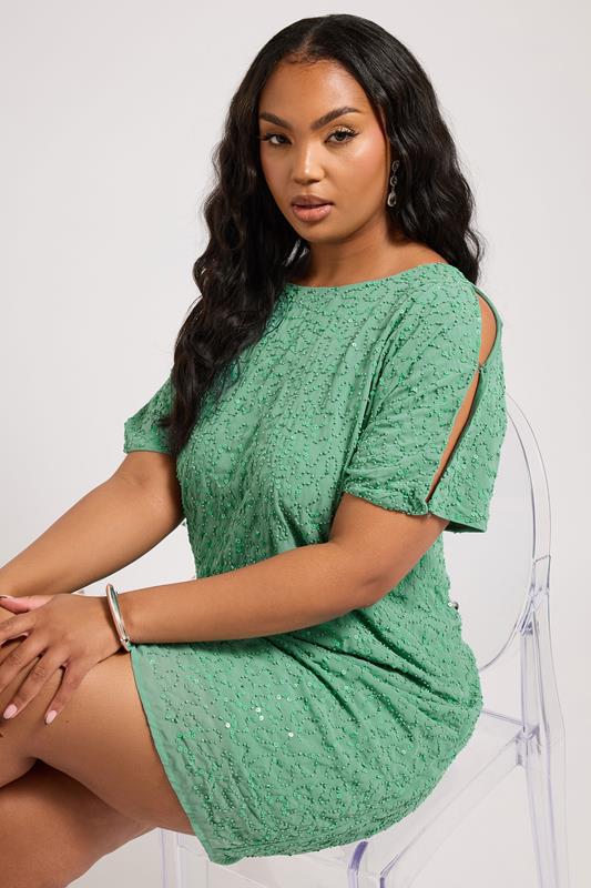 LUXE Curve Green Sequin Hand Embellished Cape Dress