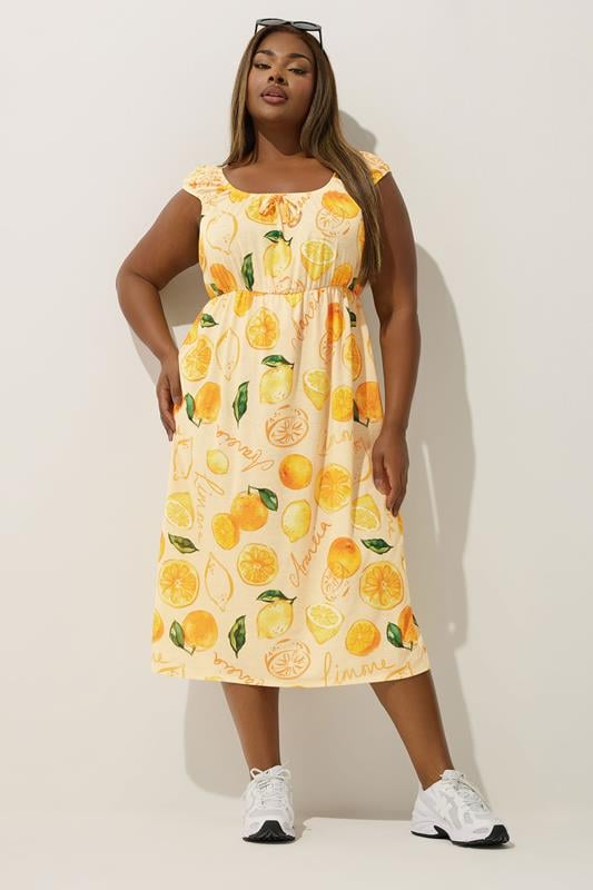 LIMITED COLLECTION Curve Yellow Lemon Graphic Bow Front Midi Dress