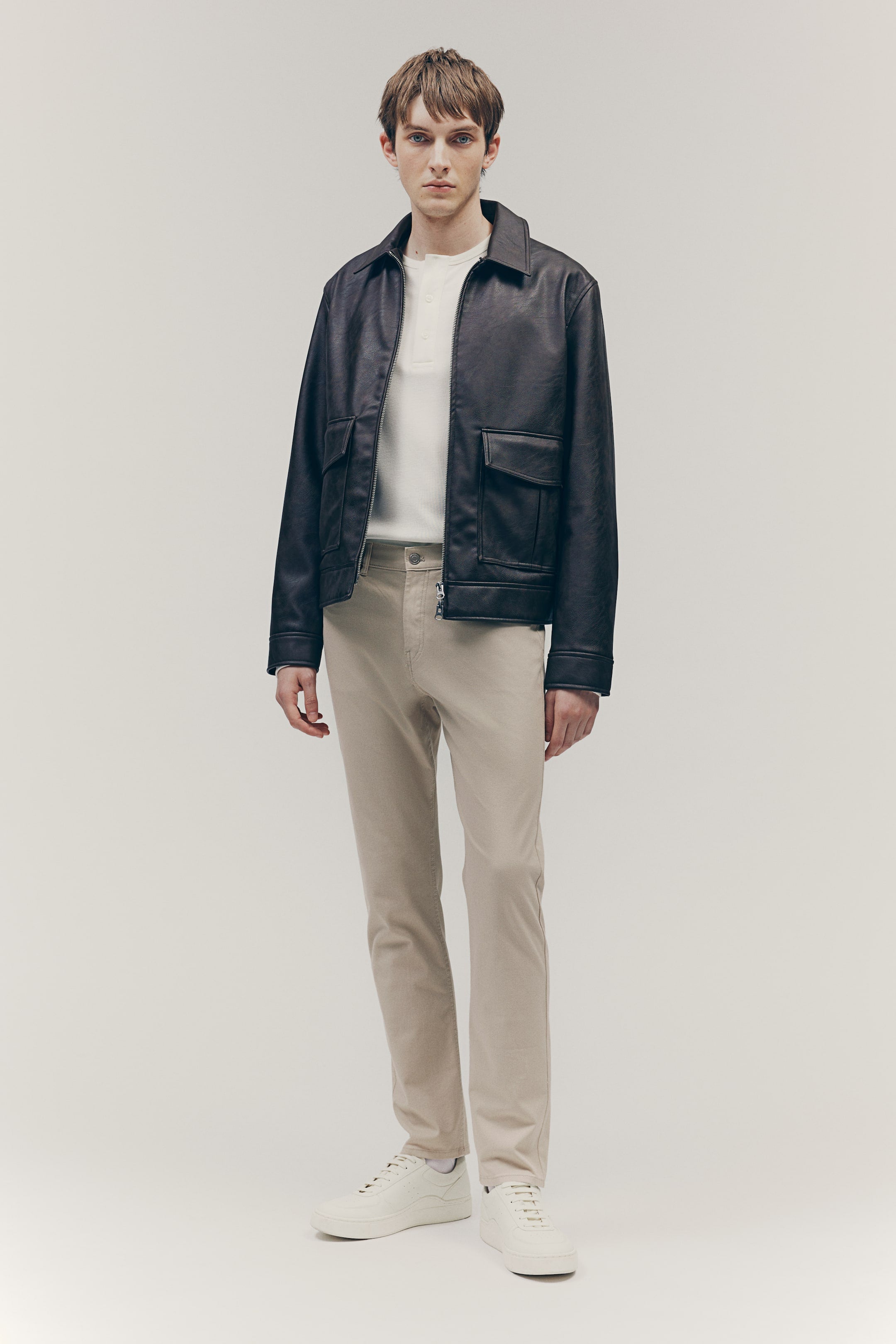 SLIM FIT COTTON TWILL TROUSERS - Light beige